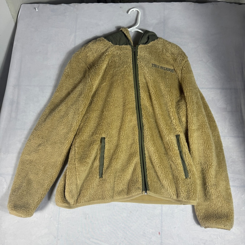 NWT True Religion Mens Contrast Sherpa Hooded Jacket Beige Soft Cozy Winter‎ L